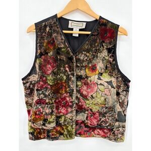 Vintage Hype Floral Burnout Velvet Vest Frog Button Gold Metallic Embroidery L